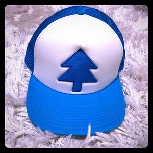 Blue and White Trucker Hat with Tree Design